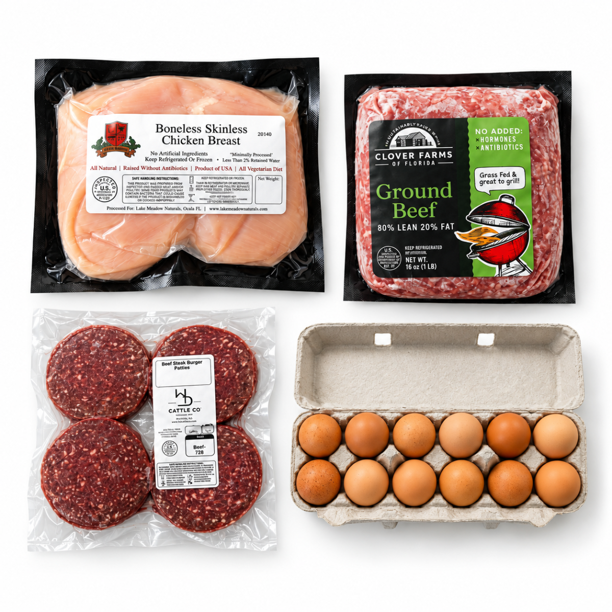 Four packaged grocery items arranged on a white background: a vacuum-sealed boneless skinless chicken breast, a package of Clover Farms Ground Beef, four round ground beef burger patties, and an open carton of brown eggs.