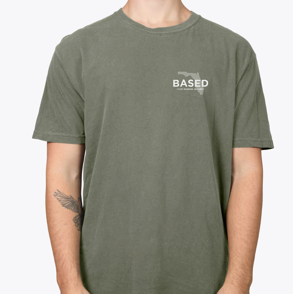 Person wearing a green t-shirt with 'BASED' text on a white background